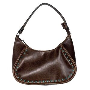 Y2K Small Baggette Shoulder Bag Brown Turquoise Beads Vegan Leather Hobo Boho